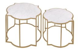 Orsina Set Of 2 Tables With Quatrefoil Top, Brass Finish Bedside Table, Sleek Gold Metallic Nesting Table in White - thumbnail 4