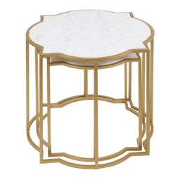 Orsina Set Of 2 Tables With Quatrefoil Top, Brass Finish Bedside Table, Sleek Gold Metallic Nesting Table in White - thumbnail 5