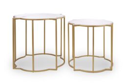 Orsina Set Of 2 Tables With Quatrefoil Top, Brass Finish Bedside Table, Sleek Gold Metallic Nesting Table in White