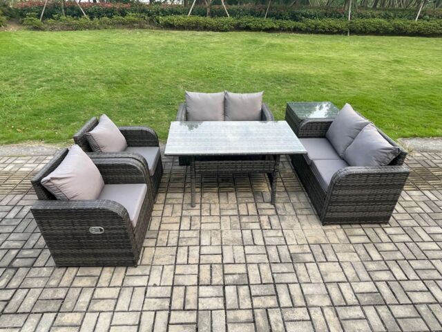 Fimous Rattan Outdoor Furniture Garden Dining Set Rectangular Table & Chair Sofa Set With Side Table Dark Grey Mixed - image 1