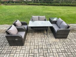 Fimous Rattan Outdoor Furniture Garden Dining Set Rectangular Table & Chair Sofa Set With Side Table Dark Grey Mixed - thumbnail 1