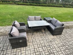 Fimous Rattan Outdoor Furniture Garden Dining Set Rectangular Table & Chair Sofa Set With Side Table Dark Grey Mixed - thumbnail 2