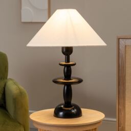 ValueLights Justin Natural Linen Tapered Shade Walnut Dark Wood Stacked Table Lamp