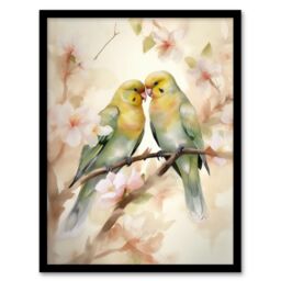 "Artery8 Two Lovebirds Cherry Blossom Watercolour Pair Perched Art Print Framed Poster Wall Decor 12x16 inch in Black - Size: W12"" x H16""" - thumbnail 1