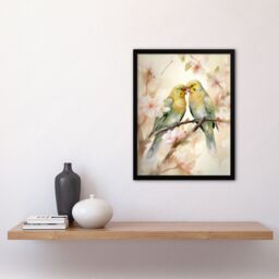 "Artery8 Two Lovebirds Cherry Blossom Watercolour Pair Perched Art Print Framed Poster Wall Decor 12x16 inch in Black - Size: W12"" x H16""" - thumbnail 4