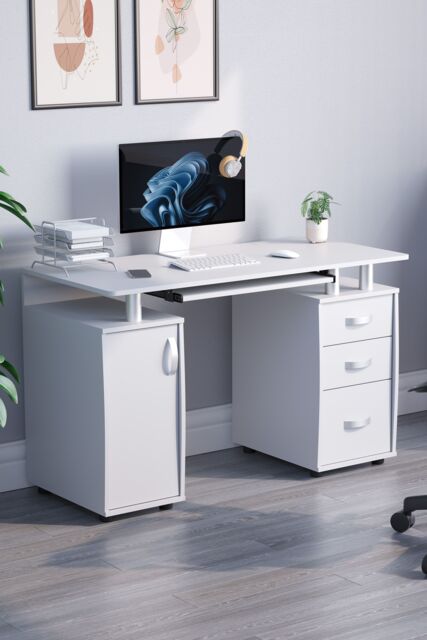 Home Discount Vida Designs Otley 3 Drawer with Internal Shelf Computer Desk Storage Office Study Workstation Gaming Table in White - image 1