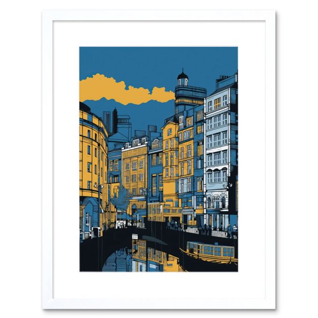 "Artery8 Wall Art Print Leeds Dock Cityscape Colour Block Artwork Framed 9X7 Inch in White - Size: W7"" x H9""" - image 1