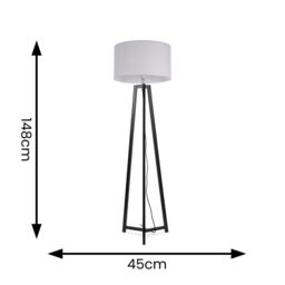 ValueLights Lottie Black Wood Tripod Floor Lamp with Fabric Drum Shade & LED Bulb in Grey - thumbnail 4