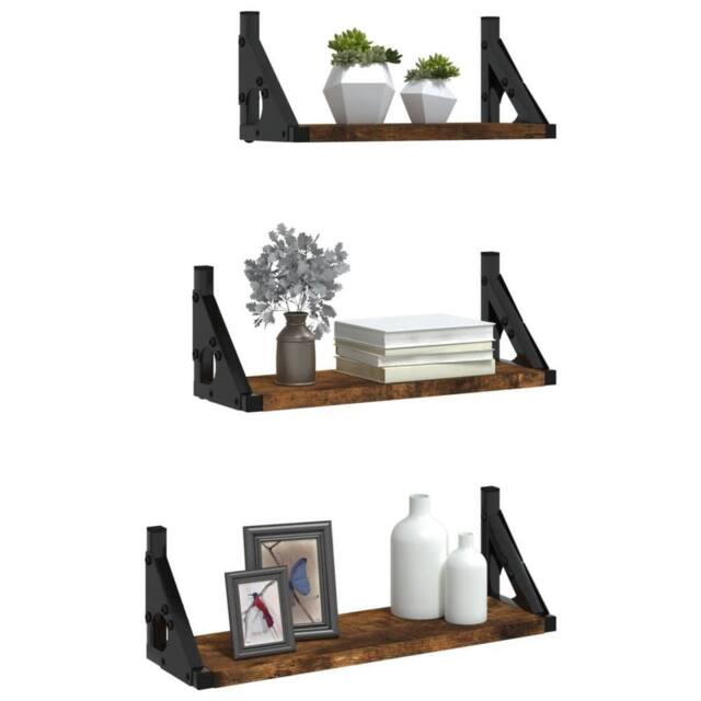 Berkfield Home Decorative 3 Piece Wall Shelf Set Smoked Oak Engineered Wood in Brown - image 1