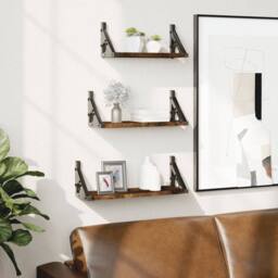 Berkfield Home Decorative 3 Piece Wall Shelf Set Smoked Oak Engineered Wood in Brown - thumbnail 2