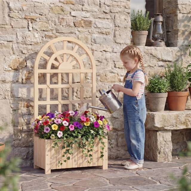 Costway Wooden Raised Garden Bed 121 cm Outdoor Planter Box with Trellis in Natural - image 1