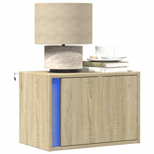 Berkfield Home Wall-mounted Bedside Cabinets with LED Lights 2 pcs Sonoma Oak in Brown - image 1