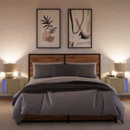 Berkfield Home Wall-mounted Bedside Cabinets with LED Lights 2 pcs Sonoma Oak in Brown - thumbnail 5