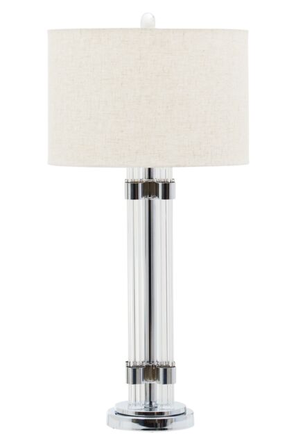 Orsina Silver & Ivory Table Lamp, Tall Ribbed Glass Column with Silver Metal Rings, Modern Table Light - image 1