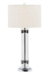 Orsina Silver & Ivory Table Lamp, Tall Ribbed Glass Column with Silver Metal Rings, Modern Table Light