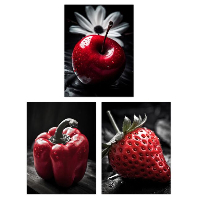 Artery8 Set of 3 Red Apple Pepper Strawberry on Black & White Photograph Kitchen Artwork Unframed Wall Art Living Room Poster Prints Pack - image 1