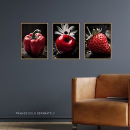 Artery8 Set of 3 Red Apple Pepper Strawberry on Black & White Photograph Kitchen Artwork Unframed Wall Art Living Room Poster Prints Pack - thumbnail 2