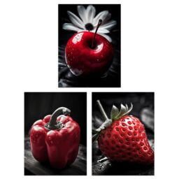 Artery8 Set of 3 Red Apple Pepper Strawberry on Black & White Photograph Kitchen Artwork Unframed Wall Art Living Room Poster Prints Pack - thumbnail 1