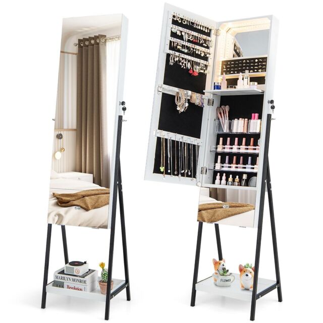 Costway Jewelry Cabinet Armoire w/ Full-Length Frameless Mirror & Built-in Makeup Mirror in White - image 1