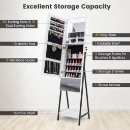 Costway Jewelry Cabinet Armoire w/ Full-Length Frameless Mirror & Built-in Makeup Mirror in White - thumbnail 5