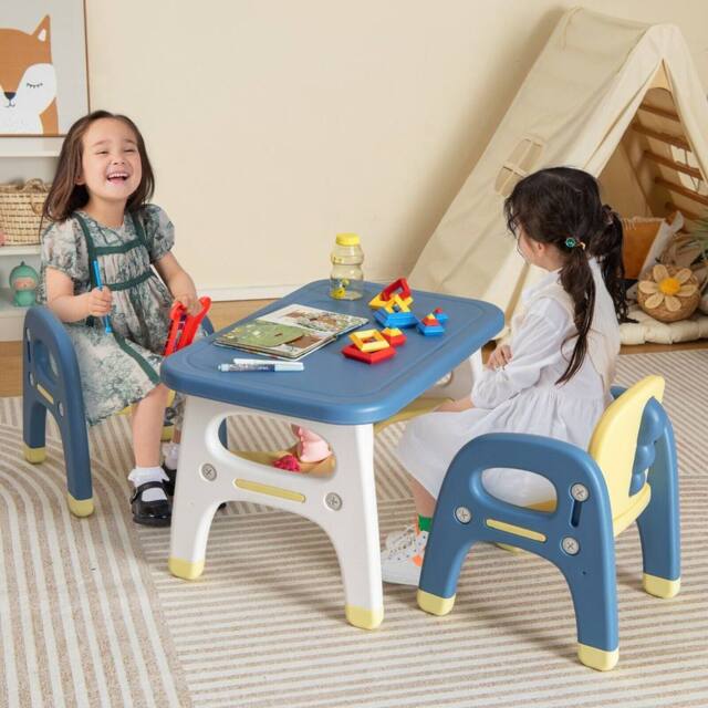 Costway 3Pcs Kids Table &Chair Set Activity Writing Table Set W/Storage Shelf in Blue - image 1