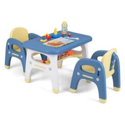 Costway 3Pcs Kids Table &Chair Set Activity Writing Table Set W/Storage Shelf in Blue - thumbnail 3