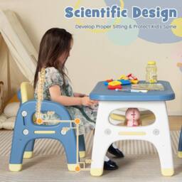 Costway 3Pcs Kids Table &Chair Set Activity Writing Table Set W/Storage Shelf in Blue - thumbnail 4