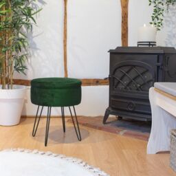Harbour Housewares Round Velvet Storage Footstool - H45 x D36cm - Black Legs in Green - thumbnail 6