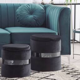 Wyld and Coco Velvet Pouffes Set of 2 Black with Metallic Band - thumbnail 1