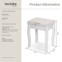 tectake Dressing Table Stool - Padded, With Solid Wood Legs, Rose Pattern in Off-White - thumbnail 6