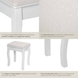 tectake Dressing Table Stool - Padded, With Solid Wood Legs, Rose Pattern in Off-White - thumbnail 4