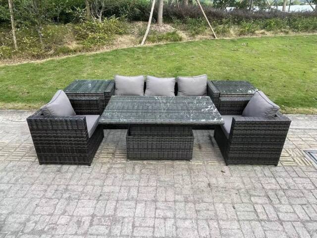 Fimous Rattan Garden Furniture Sofa Set Outdoor Adjustable Rising Lifting Dining Table Set with 2 Armchairs in Dark Grey - image 1