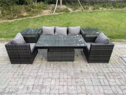 Fimous Rattan Garden Furniture Sofa Set Outdoor Adjustable Rising Lifting Dining Table Set with 2 Armchairs in Dark Grey - thumbnail 2