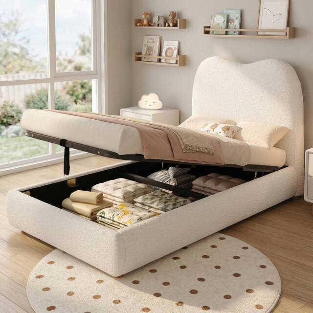 Matteo Beige Bouclé Single Upholstered Bed - 3ft Children's Hydraulic Storage - image 1