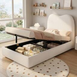 Matteo Beige Bouclé Single Upholstered Bed - 3ft Children's Hydraulic Storage - thumbnail 1