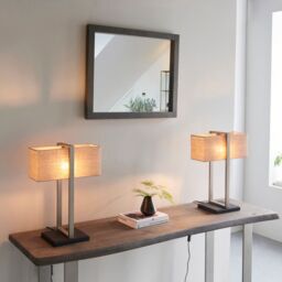Loops Satin Nickel Framed Table Lamp Light & Rectangular Linen Shade - Matt Black Base in Metallics - thumbnail 4