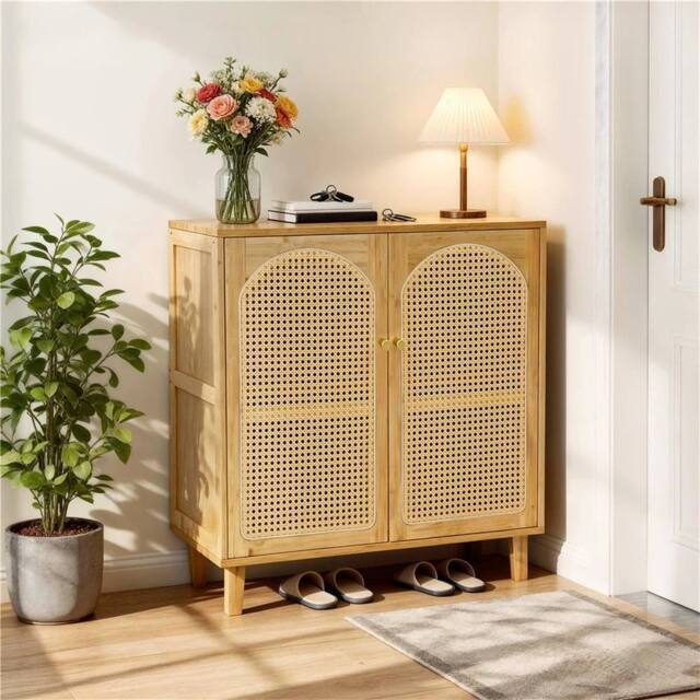 KORVIXA Wooden Buffet Sideboard Rattan Storage Cabinet Display Organiser in Natural - Size: 100 cm x 100 cm - image 1