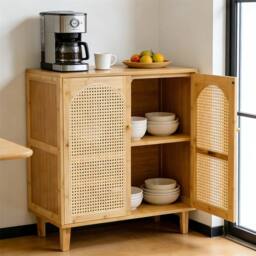 KORVIXA Wooden Buffet Sideboard Rattan Storage Cabinet Display Organiser in Natural - Size: 100 cm x 100 cm - thumbnail 3