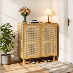KORVIXA Wooden Buffet Sideboard Rattan Storage Cabinet Display Organiser in Natural - Size: 100 cm x 100 cm - thumbnail 1