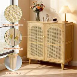 KORVIXA Wooden Buffet Sideboard Rattan Storage Cabinet Display Organiser in Natural - Size: 100 cm x 100 cm - thumbnail 5