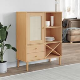 Berkfield Home Highboard SENJA Rattan Look Brown 90x40x112cm Solid Wood Pine in Light Tan - Size: 90 x 40 x 112 cm - thumbnail 2