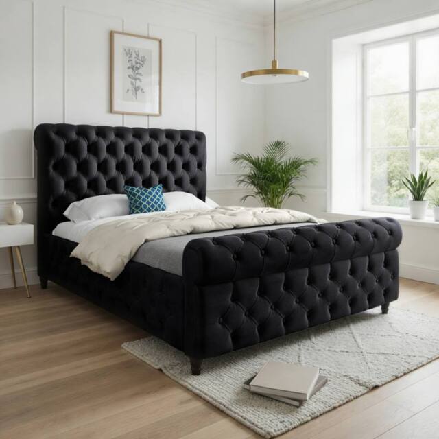 Casani Stenton Sleigh Upholstered Black Soft Velvet Designer Bed Frame - Size: Small Double - image 1