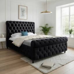Casani Stenton Sleigh Upholstered Black Soft Velvet Designer Bed Frame - Size: Small Double - thumbnail 1