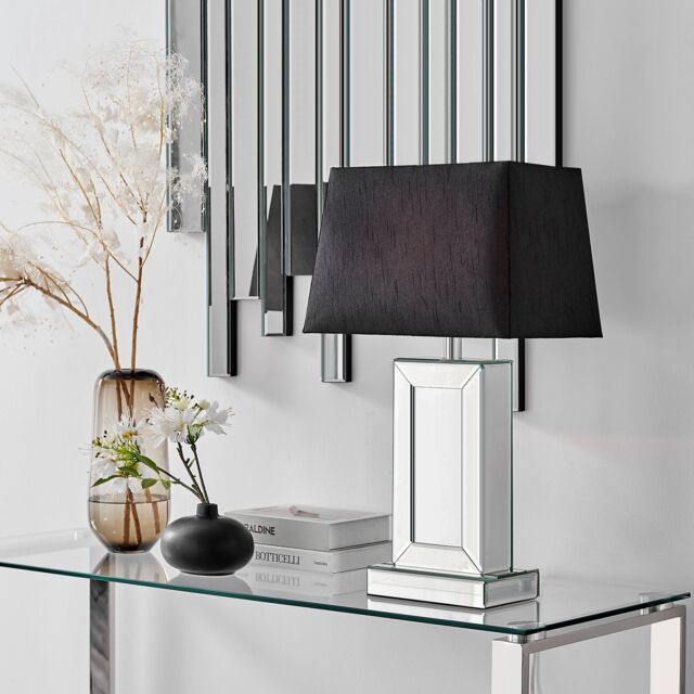 FurnitureboxUK Talia Energy Efficient Tall Mirrored Table Lamp Light With Fabric Shade (Including Bulb) in Black - image 1