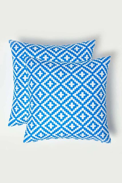 Homescapes Luxury Waterproof Blue Geometric Outdoor Cushion 45 x 45 cm, Set of 2 - Size: 45 cm x 45 cm - image 1