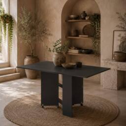 Wyld Haus Kafa Laso Black Drop Leaf Folding Dining Table with Shelves & Wheels - thumbnail 1