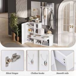 BTM 120cm Hallway Wardrobe Shoe Cabinet Mirror Hooks White - thumbnail 8