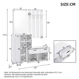 BTM 120cm Hallway Wardrobe Shoe Cabinet Mirror Hooks White - thumbnail 7