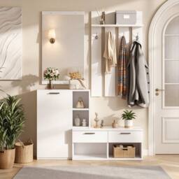 BTM 120cm Hallway Wardrobe Shoe Cabinet Mirror Hooks White - thumbnail 5