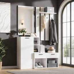 BTM 120cm Hallway Wardrobe Shoe Cabinet Mirror Hooks White - thumbnail 4